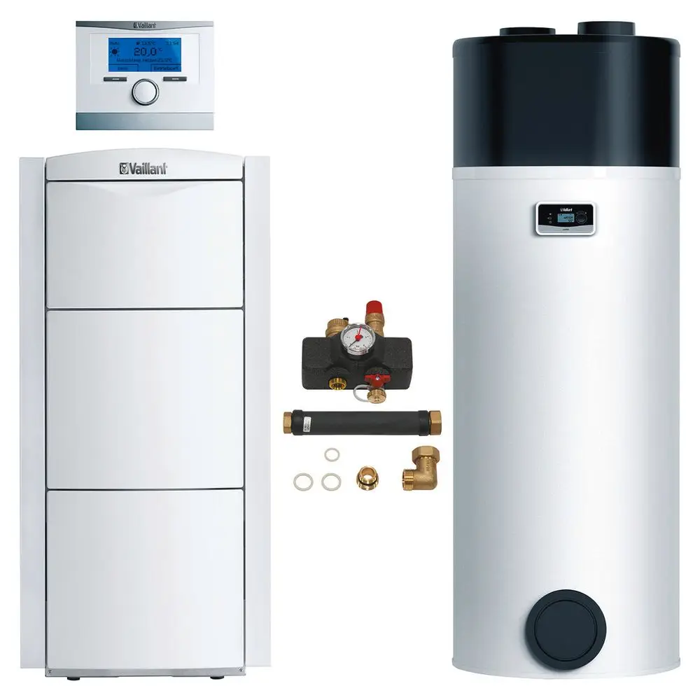 Vaillant Heizungsanlage bestehend aus Wärmeerzeuger, Warmwasserspeicher und Zubehörteilen. Grafisches Display zur Steuerung und Anzeige der Systemeinstellungen.